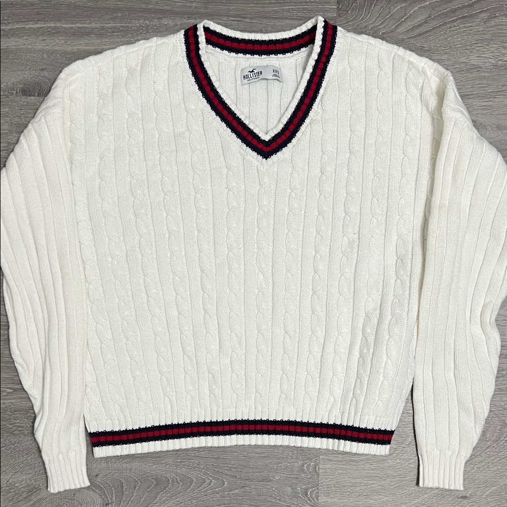 White Cable Knit Sweater with Red and Black Trim